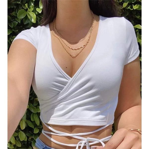 

solid v neck t shirts women short sleeve crop ladies casual tees female, White