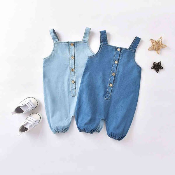 

ins baby jumpsuit boys girls denim overal baby outfit romper newborn out vest clothes 0 to 18months child jean casual trousers g220521, Blue