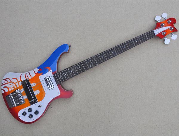 

4 string abstract painting electric bass guitar with chrome hardware