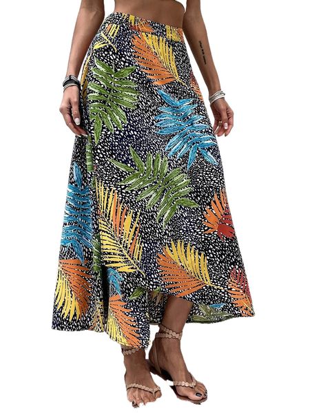 

tropical print slit hem asymmetrical skirt a2vg#, Black