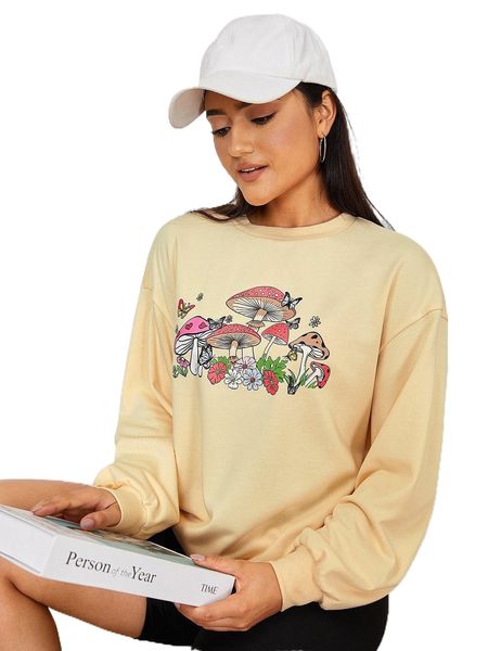

mushroom print drop shoulder sweatshirt r2v3#, Black