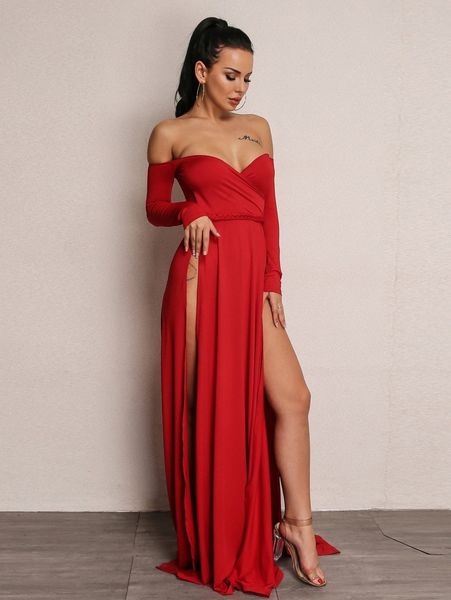 

joyfunear high split bardot surplice dress c0g6#, Black;gray