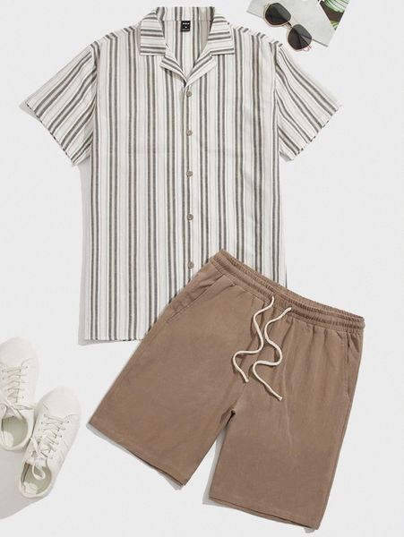 

men striped button through shirt & drawstring shorts e6jw#, Gray