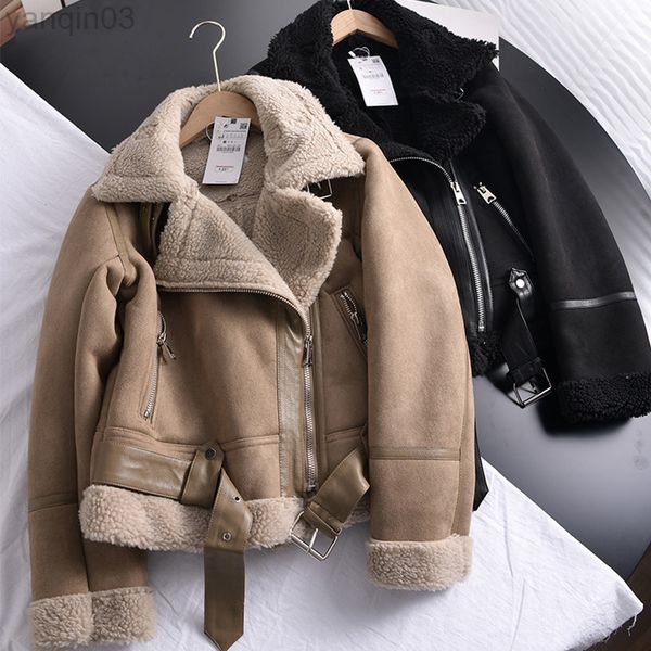 Winter Women Gross Warm Suede Lamb Jaqueta Motocicleta Curta Brown Casacos Faux Shearling Sheepskin Leather Jackets Outwear L220801