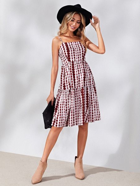 

tie dye ruffle hem cami dress c07q#, Black;gray