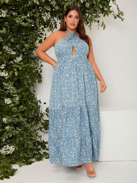

plus ditsy floral backless ruffle hem halter dress p4mw#, Black