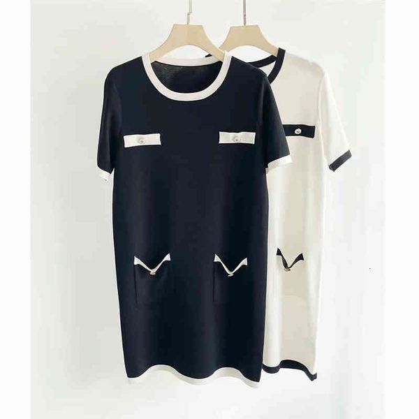 

casual dresses french elegant fashion temperament 16 needle silk blend contrast pocket round neck short sleeve small fragrance knitted dress, Black;gray