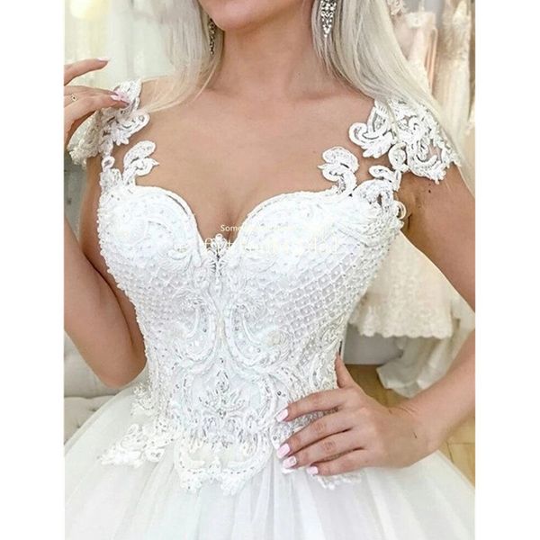 

elegant cap sleeve lace sweetheart a-line long wedding dress, White