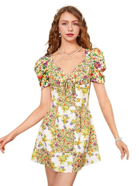 

sweetheart tie front floral patchwork dress n4sr#, Black;gray