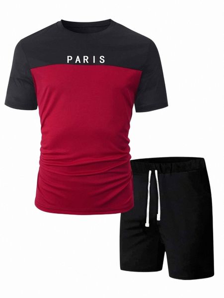 

men color block letter graphic tee & shorts 91dx#, Gray