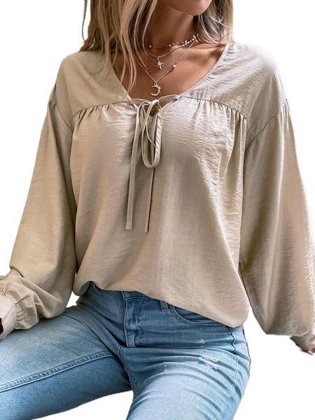 

drop shoulder tie front blouse 24rz#, White