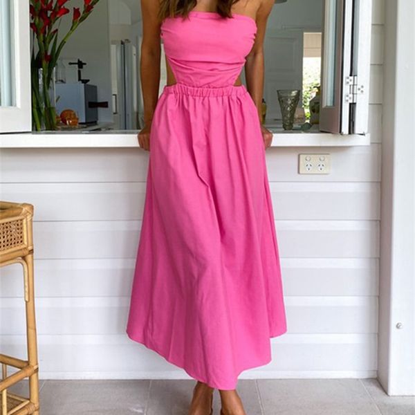 

side waist cut out backless women summer dress solid strapless off shoulder ladies maxi rose red dress elegant casual dress 220511, Black;gray