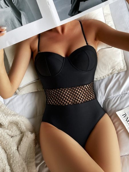 

contrast fishnet push up one piece swimsuit k7ew#, White;black