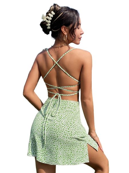 

ditsy floral criss-cross backless split cami dress 19mh#, Black;gray