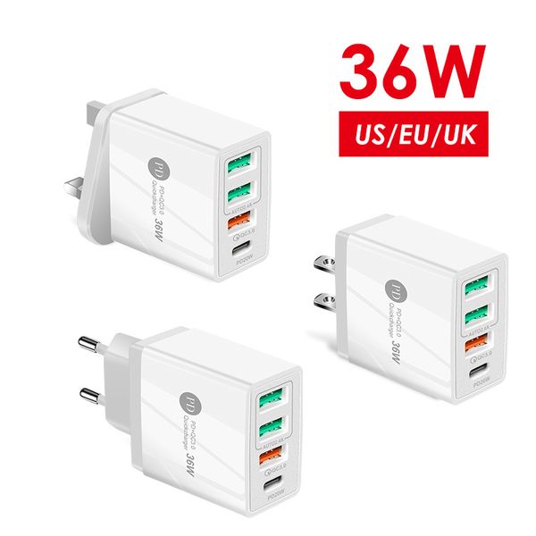 36W USB-C PD Quick Charge 3.0 Us Fast Charger 4 Portas Adaptador da cabeça universal carregador de celular