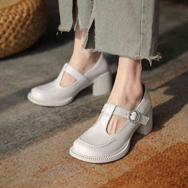 

dress shoes female genuine leather retro party woman spring autumn buckle shallow women round toe high heels pumps 220318, Black