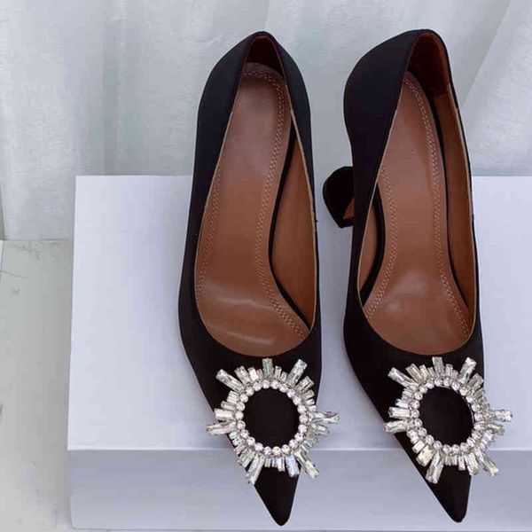 

sandals autumn style sun buckle high heels pointed versatile wedding shoes banquet shallow mouth thin heel women's satin single, Black