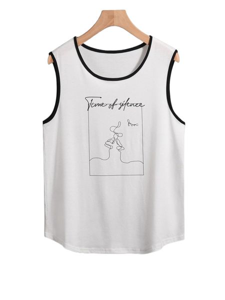 

men slogan & figure graphic contrast binding tank f0ag#, White;black