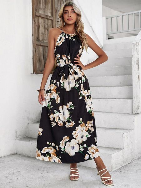

floral print split thigh dress r5mk#, Black;gray
