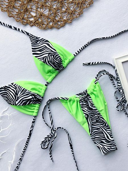 

women's swimwear zebra print halter micro bikini 2022 women bandeau string swimsuit female neon shiny set leopard bathing suit, White;black