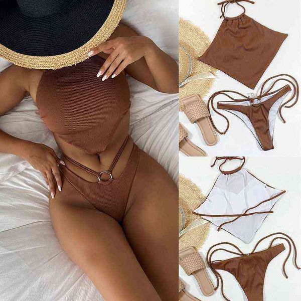 

designer women's swimsuit bikini 2022 european and american belly pocket style pit strip fabric split solid color coffee ring swimsuit, White;black