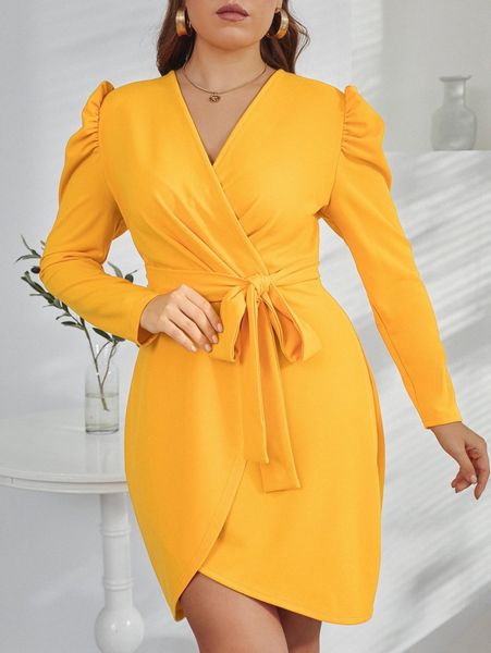 

plus leg-of-mutton sleeve belted wrap dress w1oj#, Black