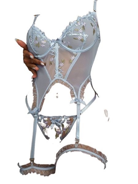 

embroidery bow front garter thong lingerie set with 1pair leg ring m378#, Black;red