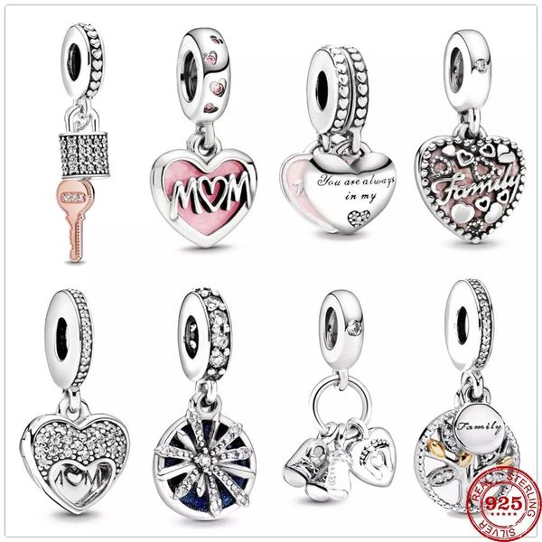 925 Sterling Silber baumelnder Charm-Anhänger „Mama-Schrift“-Herz-Perlen, passend für Pandora-Charm-Armbänder, DIY-Schmuckzubehör