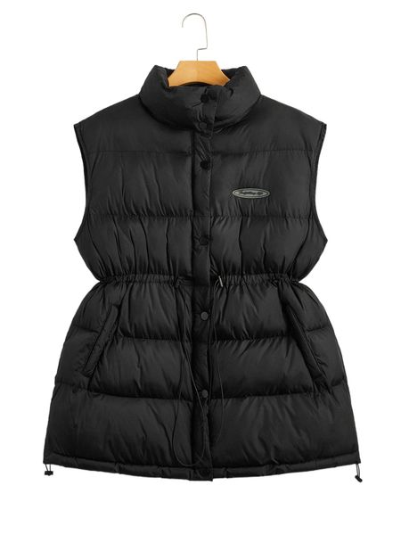 

plus letter patched drawstring waist vest puffer coat g5ol#, Black