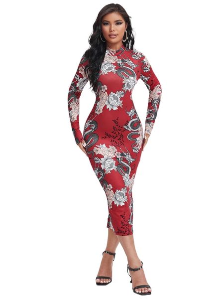

mock neck chinese dragon & floral print split hem bodycon dress g2gj#, Black;gray
