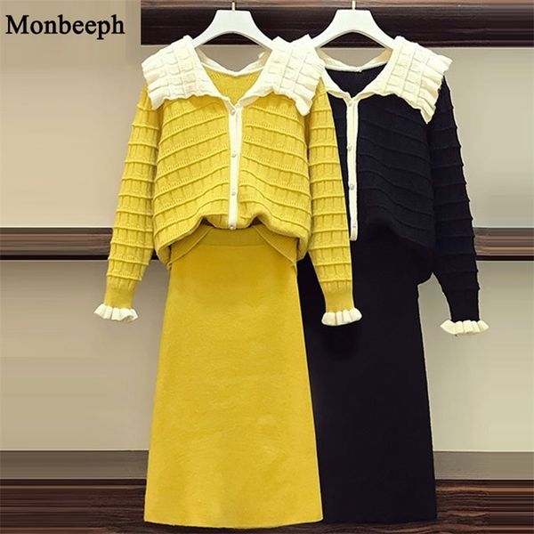 

monbeeph autumn winter 2 pieces sweater dress set women knee length skirt suits knitted wool skirt sets l-4xl 220323, White