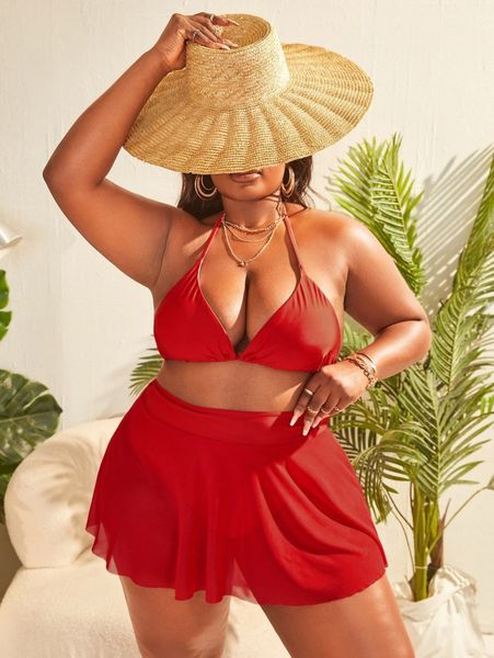 

plus halter triangle bikini swimsuit & beach skirt e4gt#, White;black