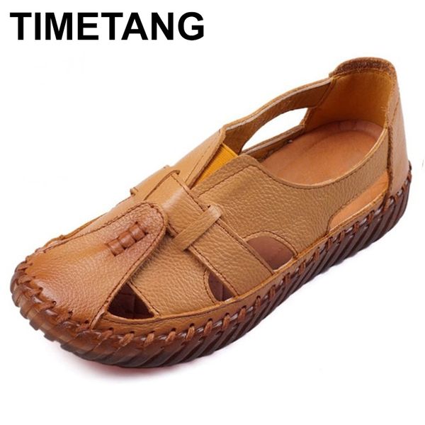 

timetang women's sandals 2021 summer genuine leather handmade ladies shoe leather sandals women flats retro style mother shoes 210306, Black
