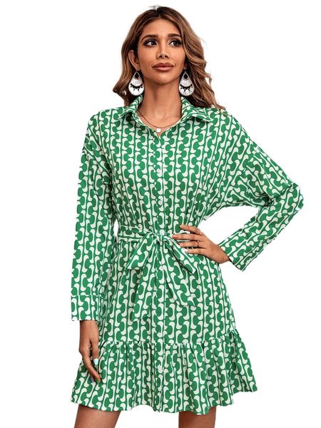 

allover print belted shirt dress v3im#, Black;gray