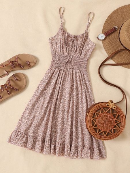 

ditsy floral shirred waist cami dress 66xt#, Black;gray