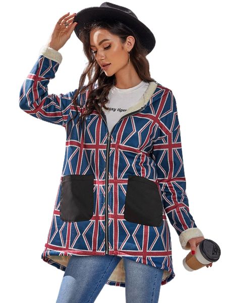 

geo print dual pocket high low hem teddy lined hooded coat x28p#, Black