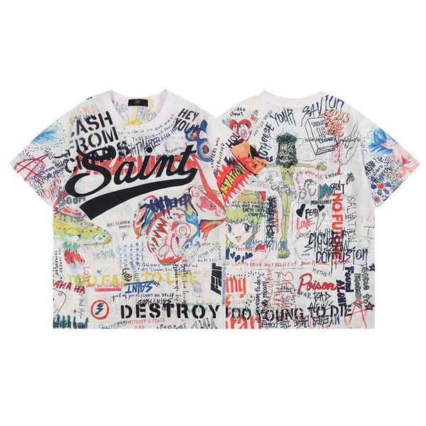 

men's t-shirts summer fashion brand saint mxxxxxx cartoon hand-painted illustration casual loose men's and women's short slee, White;black