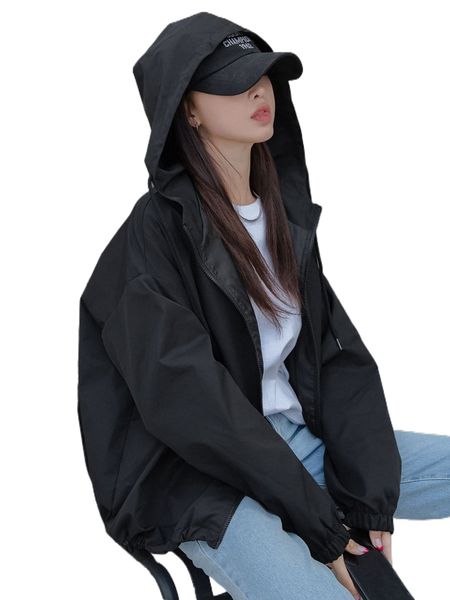

dazy drop shoulder drawstring hooded jacket q1cm#, Black;brown