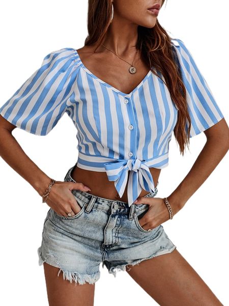 

striped print puff sleeve knot front crop blouse x2cu#, White