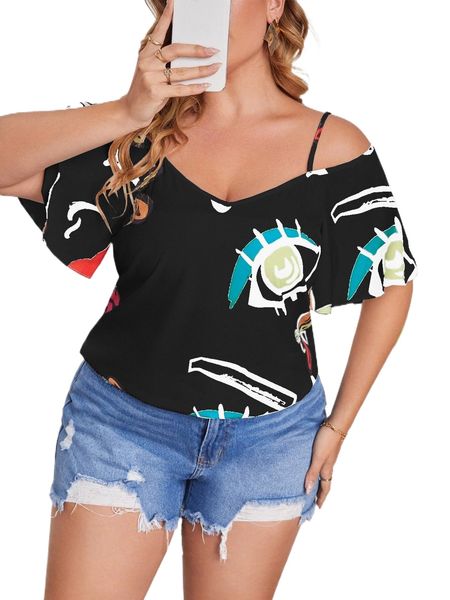 

plus figure graphic cold shoulder blouse b5ry#, Black