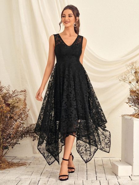 

hanky hem sleeveless lace prom dress 22ln#, Black;gray