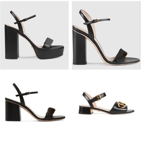 

high heeled sandals women leather sandal designer heels suede lady metal buckle strap thick heel slide size 35-42 with box, Black