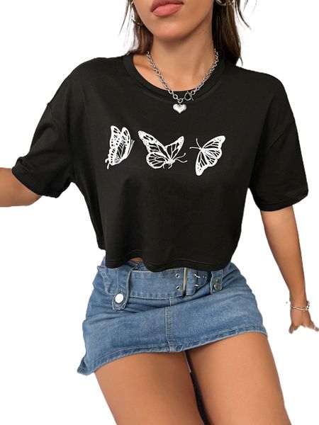 

butterfly print drop shoulder tee z8af#, White