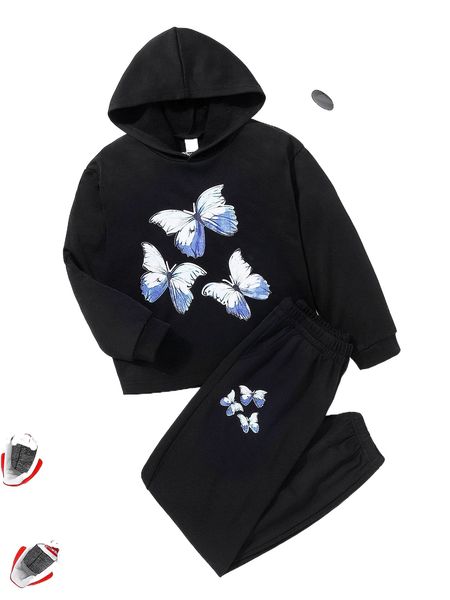 

girls butterfly print hoodie & sweatpants h8a6#, Black;white