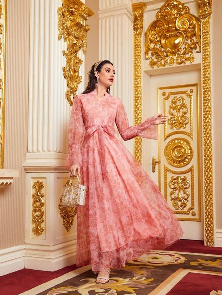 

floral print notched neck belted mesh dress n1pa#, Black;gray