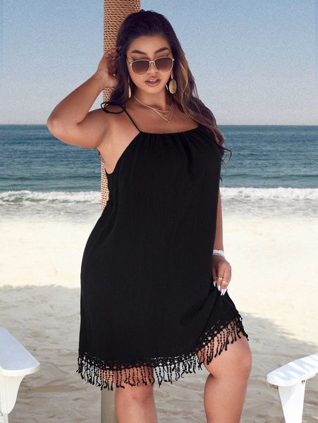 

plus guipure lace hem tie shoulder cami dress 83cn#, Black