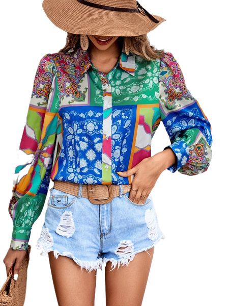 

paisley and scarf print puff sleeve shirt z40e#, White