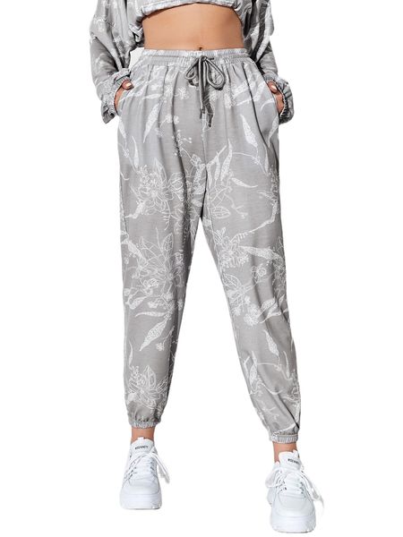 

x southern floral & plants print drawstring waist sweatpants l1t3#, Black;white
