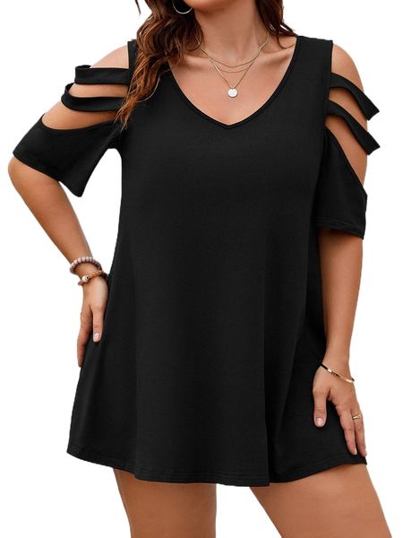 

plus ladder cut cold shoulder tee 20tp#, Black