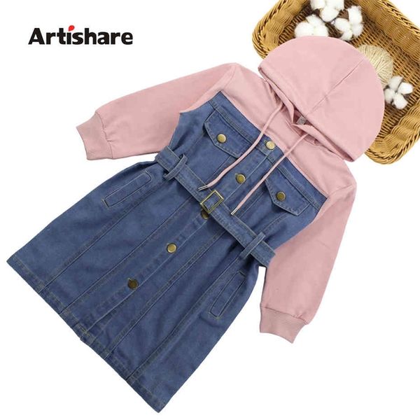 

dresses for girls spring denim patchwork dress hooded girl full sleeve party dress teenage girls clothing 6 8 10 12 13 year 210329, Red;yellow